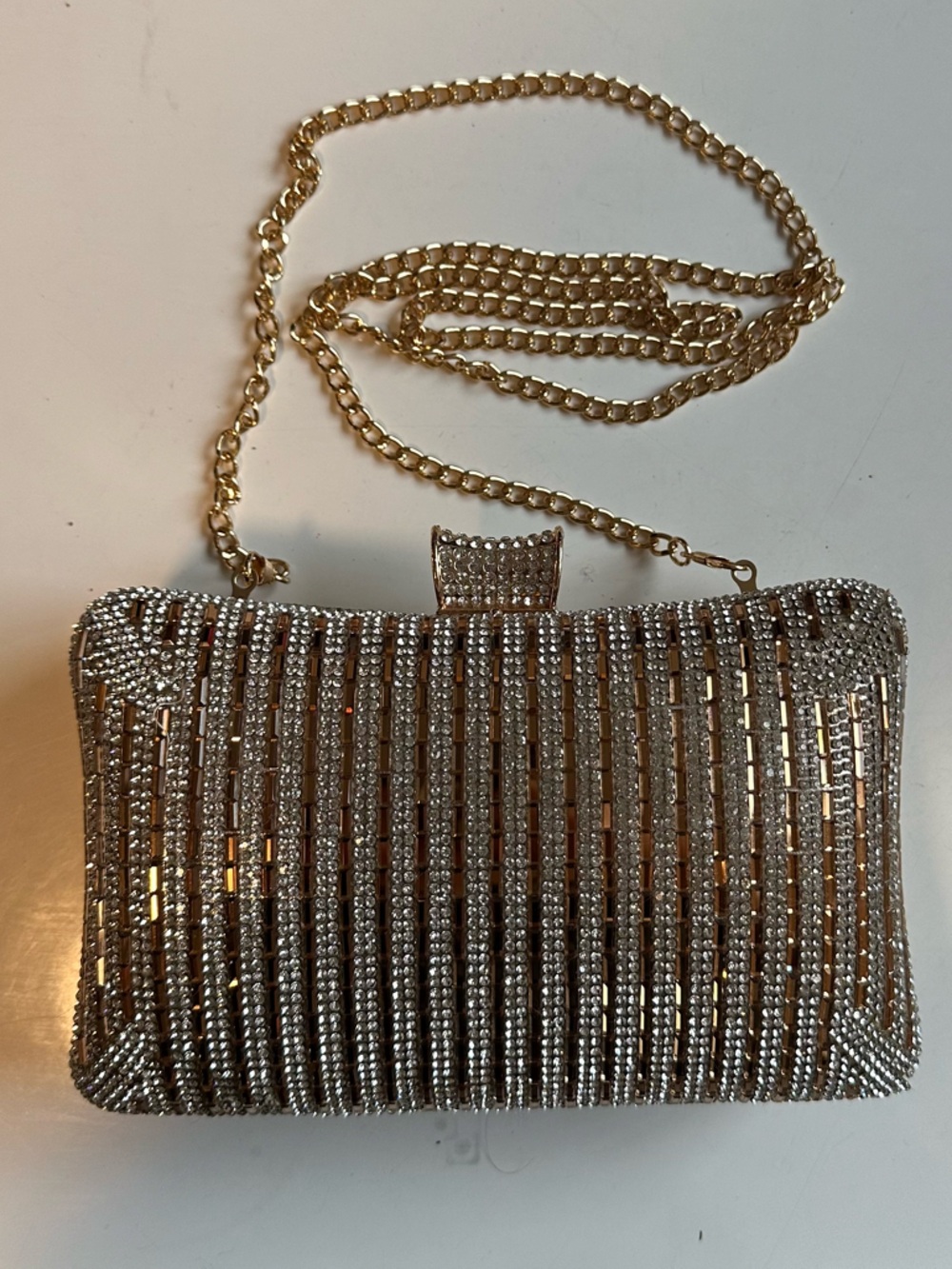 Crystal-Embellished Gold Evening Clutch